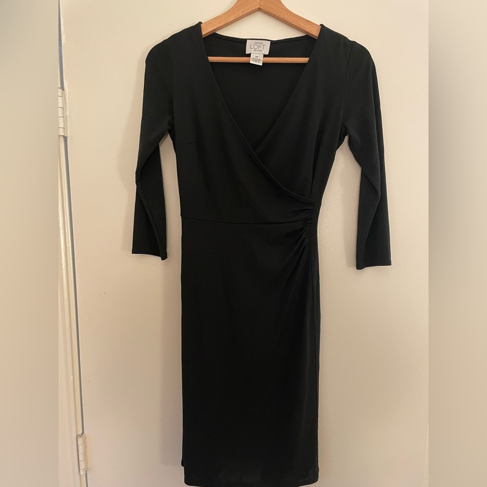 LOFT Black Ruched Wrap Dress V-Neck 3/4 Sleeve